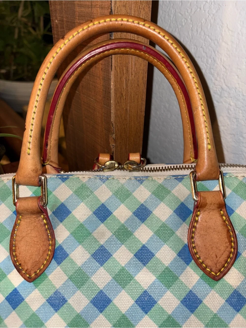 Dooney & Bourke Blue Green Gingham Coated Canvas Dome Satchel - Picture 5 of 13